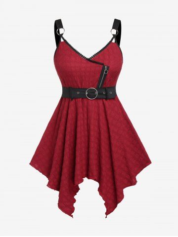 Plus Size Lace Trim Buckle Zipper Backless Handkerchief  Textured Tank Top - RED - M | US 10