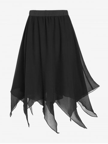 Plus Size Hanky Hem Pull On Mesh Midi Skirt - BLACK - 1X | US 14-16