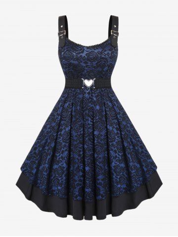 Plus Size Vintage Floral Lace Jacquard Buckled Straps Fit and Flare Belted Dress - DEEP BLUE - 2X | US 18-20
