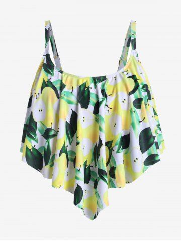 Plus Size Plaid Lemon Print Asymmetric Padded Tankini Top Swimsuit - GREEN - L