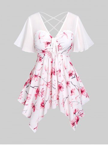 Plus Size Flutter Sleeves Cinched Strappy Asymmetric Floral Top - LIGHT PINK - 1X | US 14-16