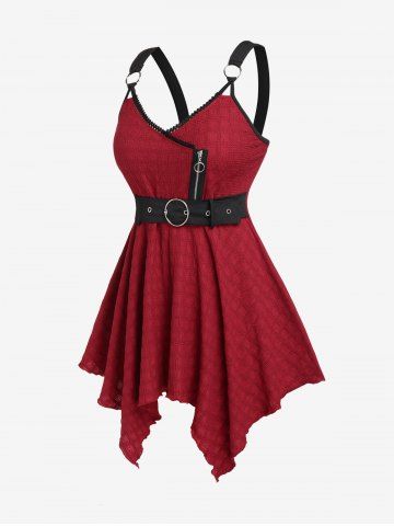 Plus Size Lace Trim Buckle Zipper Backless Handkerchief  Textured Tank Top