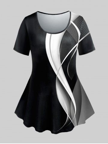 T-shirt 3D Rayure Imprimé Bicolore de Grande Taille à Manches Courtes - BLACK - L | US 12