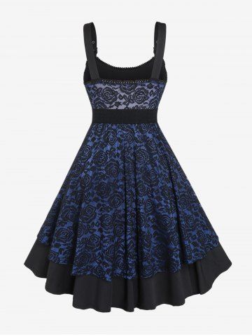 Robe Vintage Ajustee Evasee Ceinturee Bouclee Fleurie En Dentelle a Bretelle Grande Taille En Bleu Profond Rosegal France
