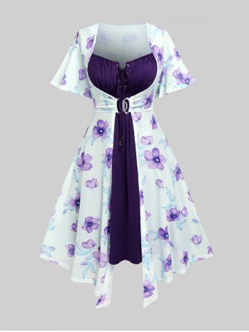 Plus Size Flutter Sleeves Floral Dress and Lace-up A Line Cami Dress Set - CONCORD - 5X | US 30-32