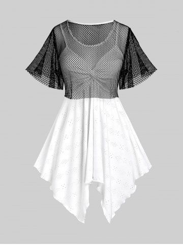 Plus Size Flutter Sleeves Net Tee and Twist Broderie Anglaise Handkerchief Top Set - BLACK - L | US 12