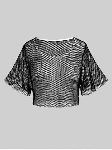 Plus Size Flutter Sleeves Net Tee and Twist Broderie Anglaise Handkerchief Top Set