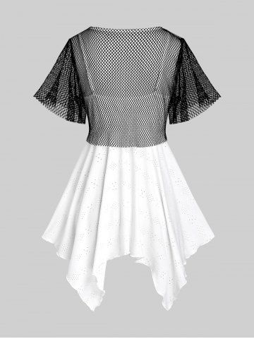 Plus Size Flutter Sleeves Net Tee and Twist Broderie Anglaise Handkerchief Top Set