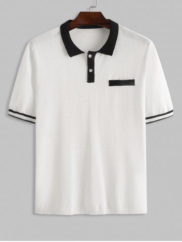 Semi-translucent Color Spliced Polo Collared Knitted Short Sleeves T-shirt - WHITE - L
