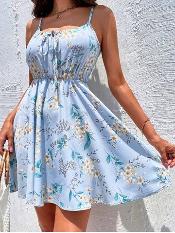 Flower Leaf Print Notched Spaghetti Strap Mini Dress - LIGHT BLUE - 2XL