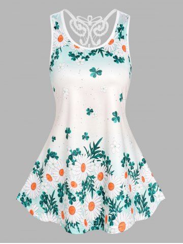 Daisy Print Guipure Lace Insert Casual Tank Top - LIGHT GREEN - XL