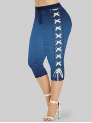 Plus Size 3D Lace-up Jean Print Capri Jeggings -  