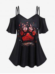 Gothic Cat Paws Print Cold Shoulder T-shirt -  