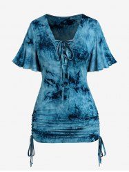 Plus Size Lace-up Cinched Ruched Tie Dye Flutter Sleeves Tee -  