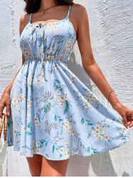 Robe Courte à Bretelles Spaghetti à Imprimé Feuille et Fleur - Bleu clair M