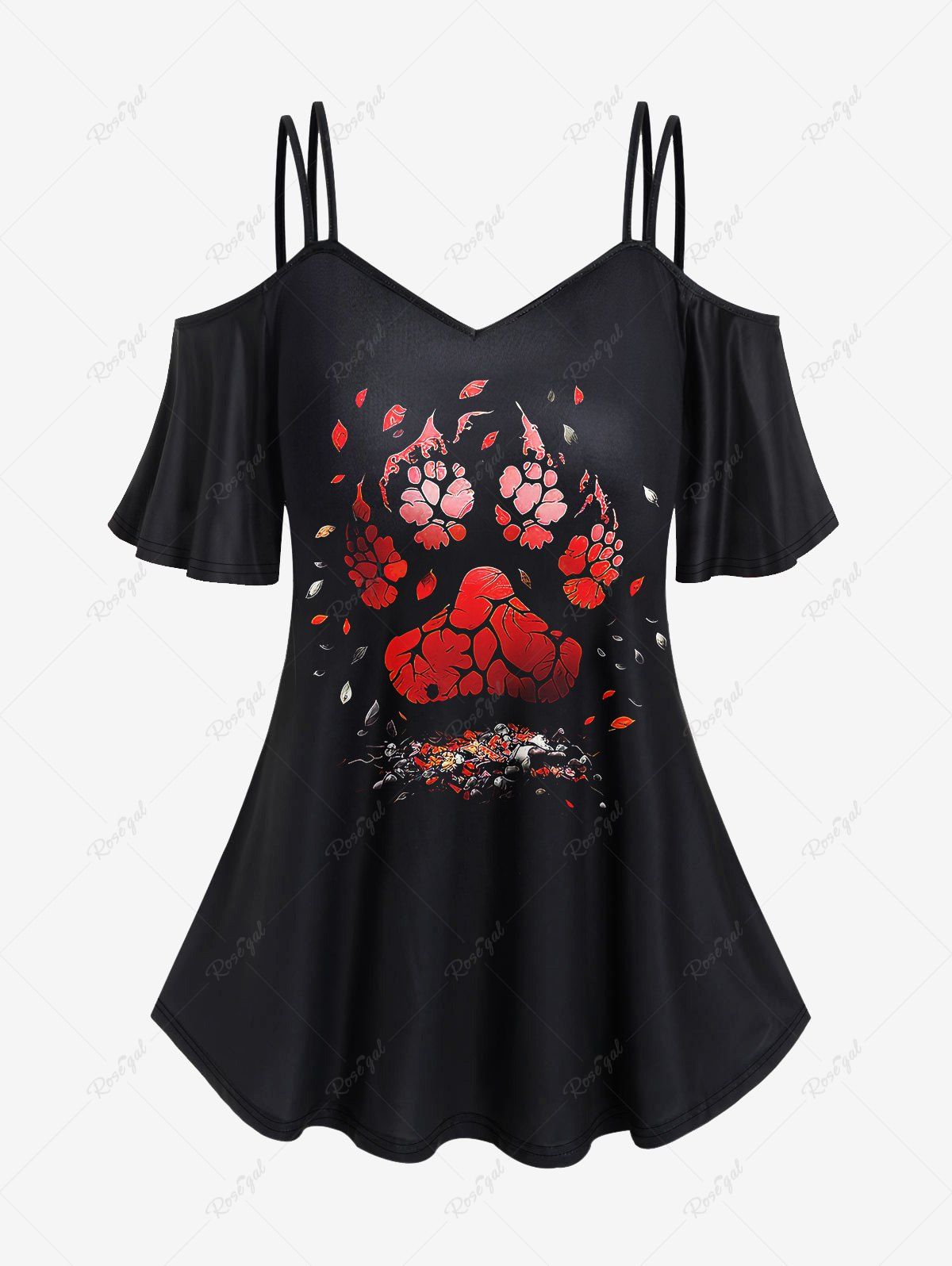 New Gothic Cat Paws Print Cold Shoulder T-shirt  