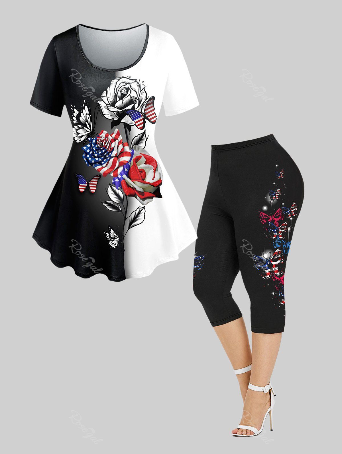 Buy Plus Size 3D Rose Butterfly American Flag Printed Tee and Gothic American Flag Butterfly Print Cropped Leggings Outfit Bundle  