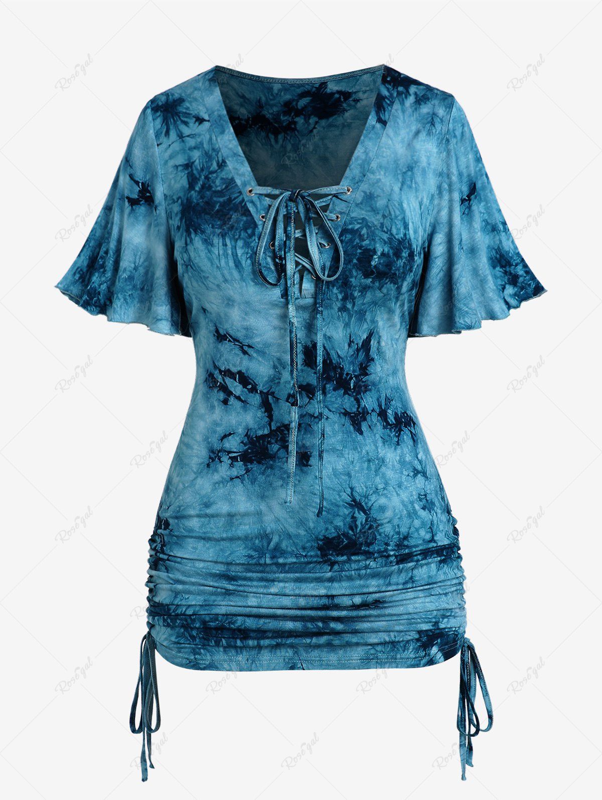 Buy Plus Size Lace-up Cinched Ruched Tie Dye Flutter Sleeves Tee  