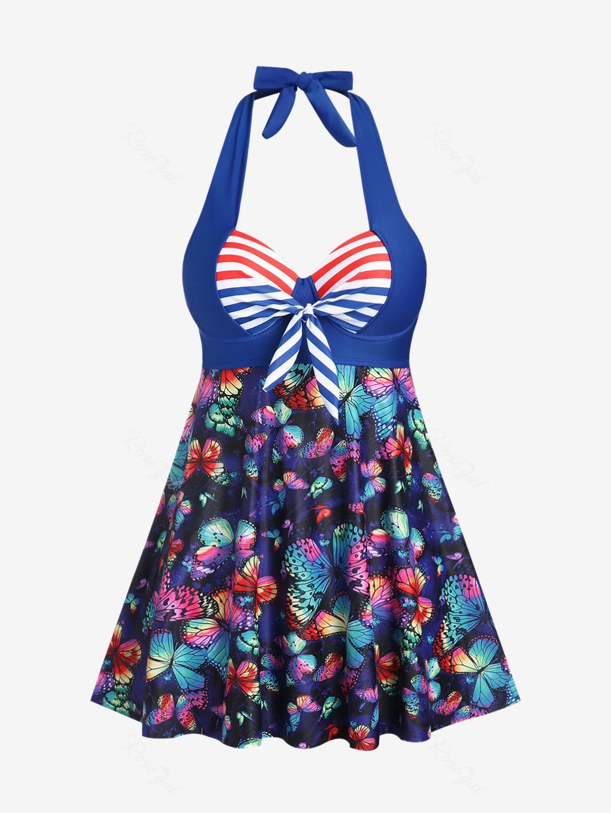 New Plus Size Halter Patriotic American Flag Butterfly Print Tankini Top  