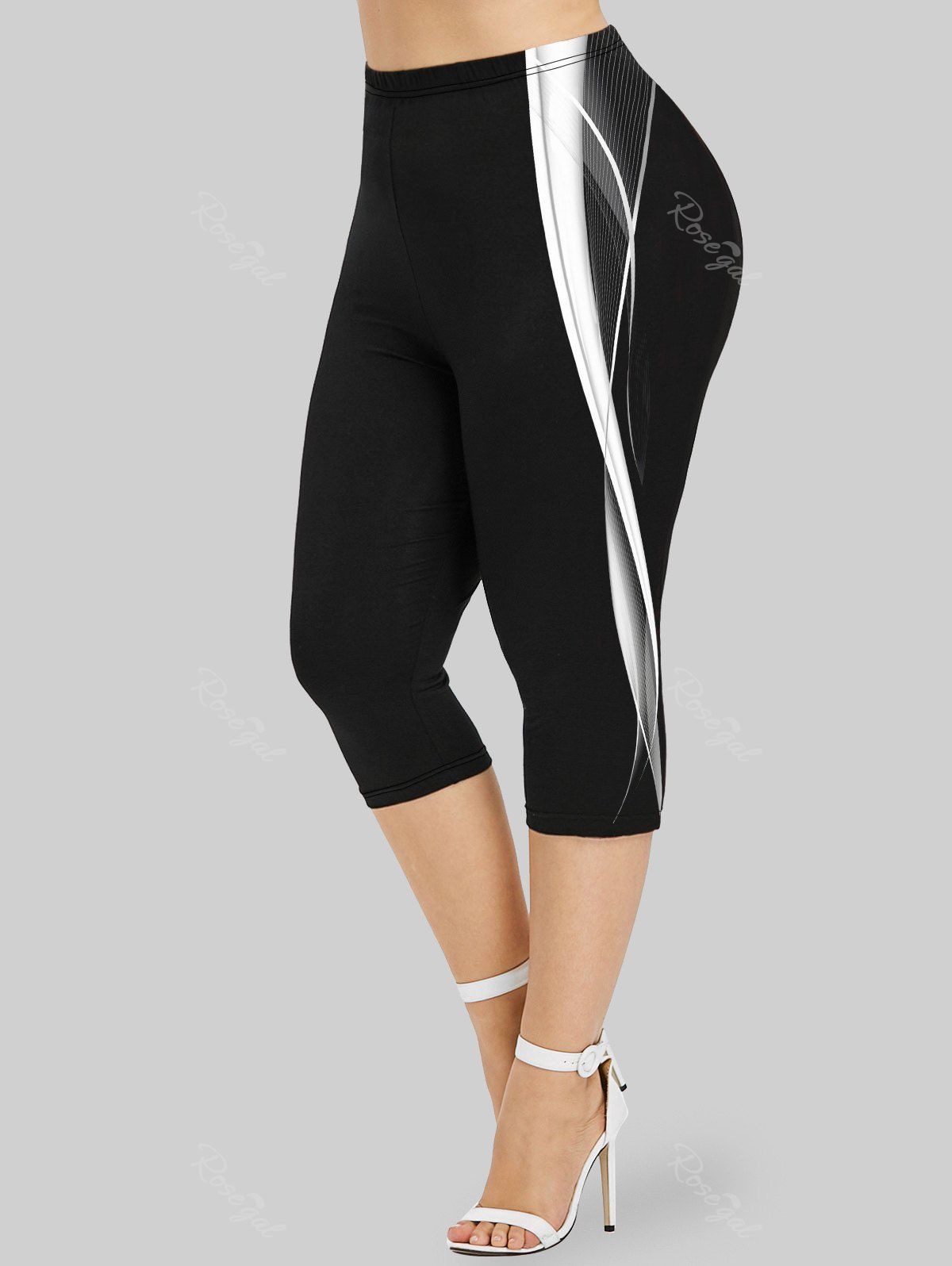 Best Plus Size 3D Stripes Printed Capri Leggings  