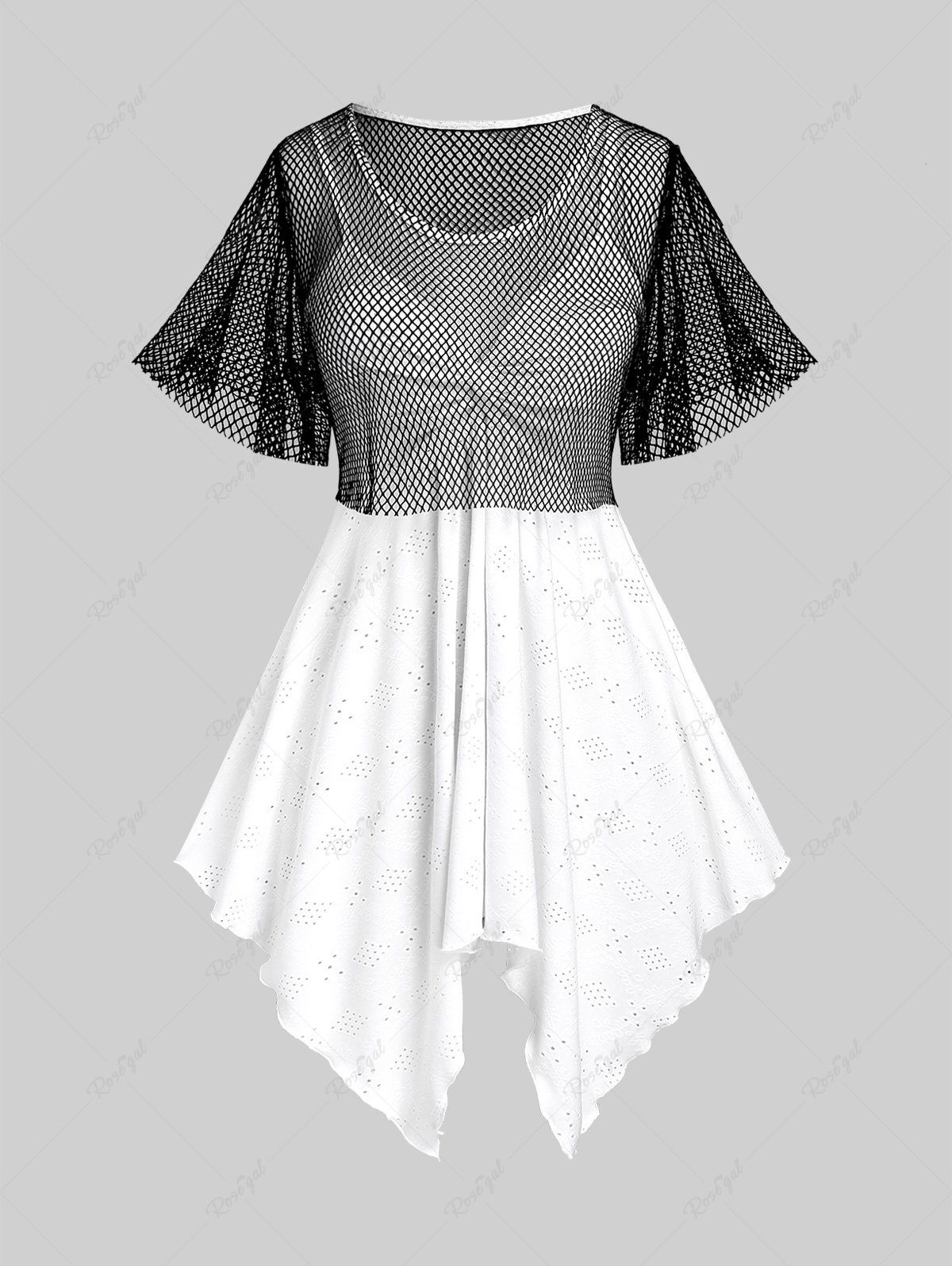 Hot Plus Size Flutter Sleeves Net Tee and Twist Broderie Anglaise Handkerchief Top Set  