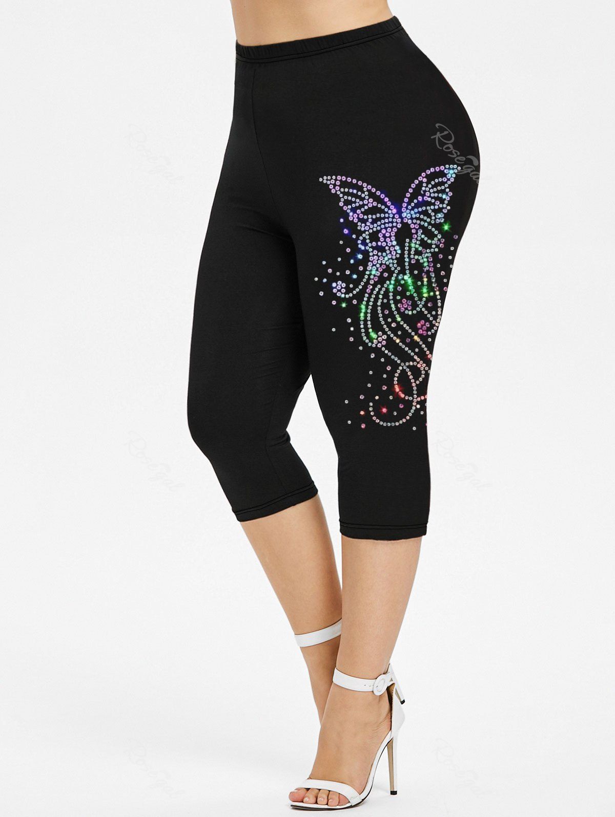 Affordable Plus Size 3D Rhinestone Butterfly Print Capri Leggings  