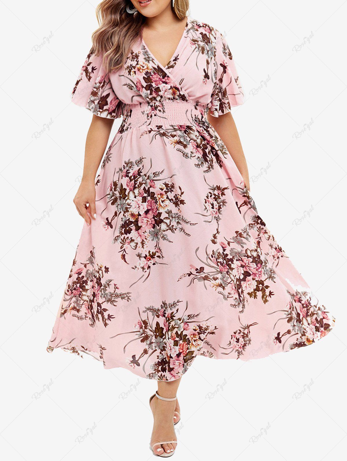 Discount Plus Size Floral High Waisted Flutter Sleeves A Line Surplice Dress  