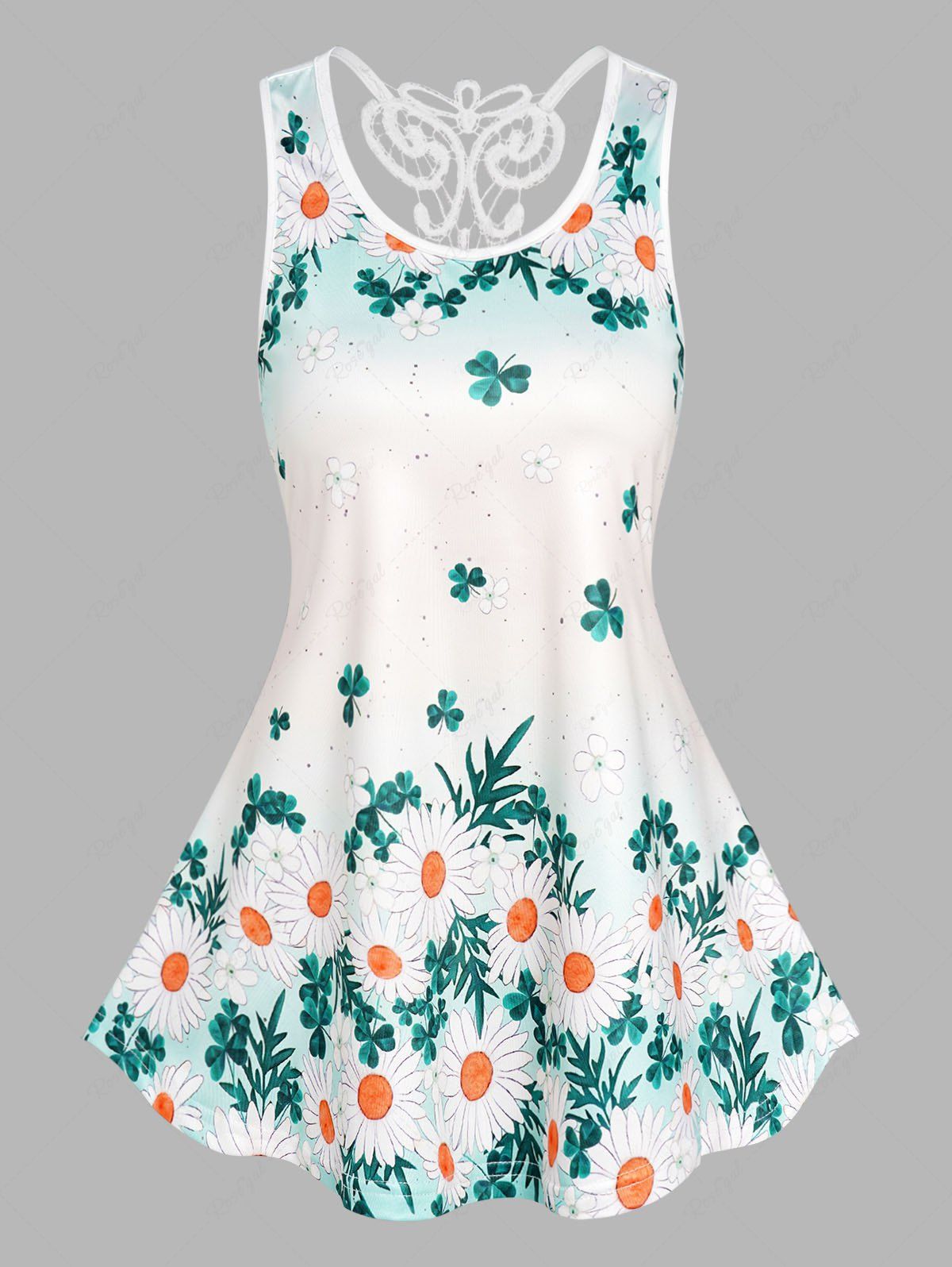 Unique Daisy Print Guipure Lace Insert Casual Tank Top  
