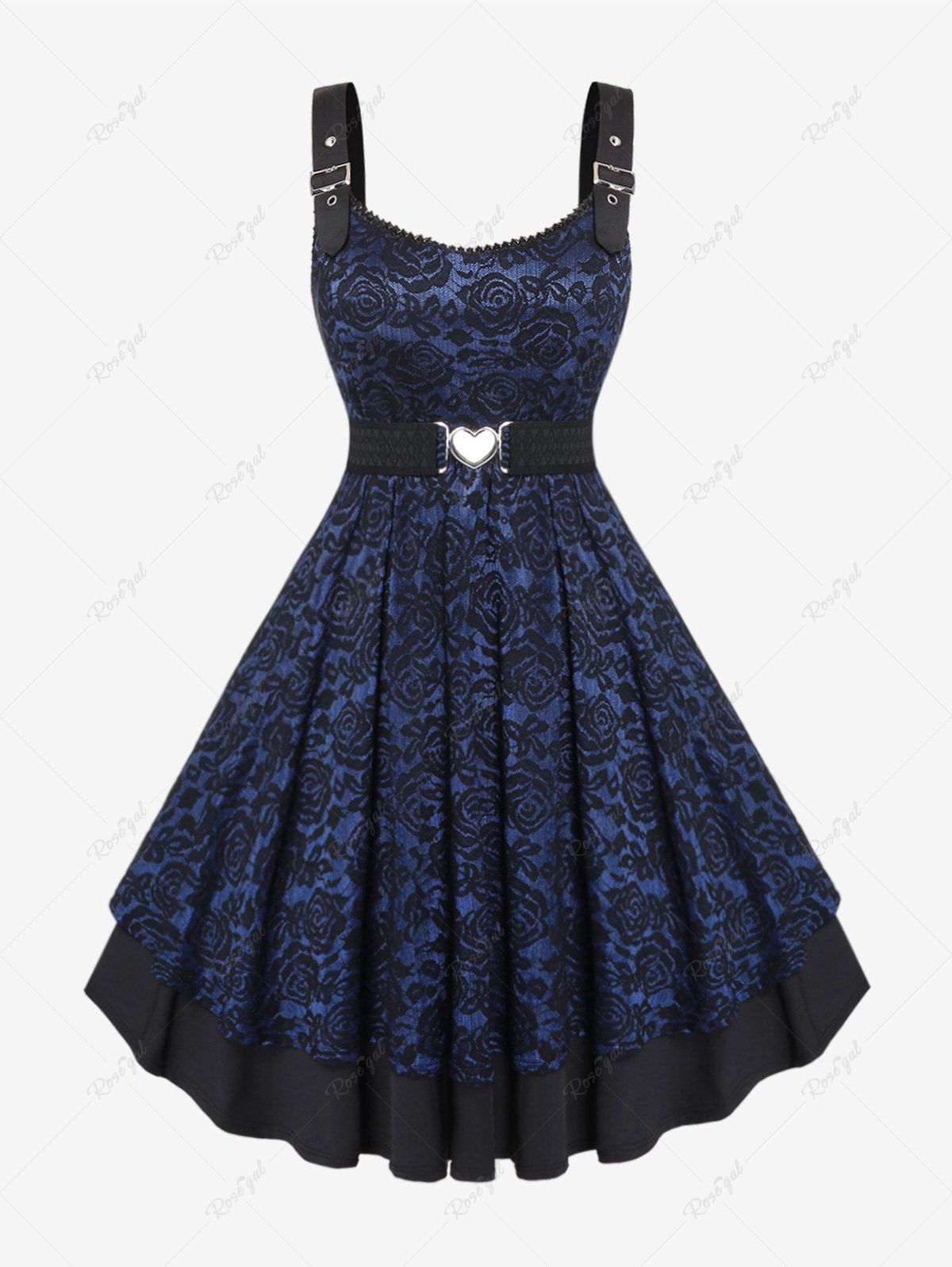 Store Plus Size Vintage Floral Lace Jacquard Buckled Straps Fit and Flare Belted Dress  