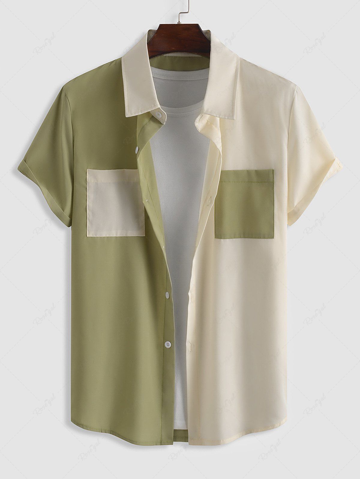 Chemise en Blocs de Couleurs avec Poche en Avant Design à Manches Courtes Vert clair S