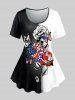 Plus Size 3D Rose Butterfly American Flag Printed Tee and Gothic American Flag Butterfly Print Cropped Leggings Outfit Bundle -  