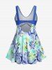 Plus Size Mixed Print Ruched Cutout Bowknot Padded Modest Tankini Top Swimsuit -  