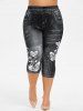 Plus Size 3D Jeans Butterfly Flower Printed Capri Leggings -  