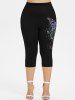 Plus Size 3D Rhinestone Butterfly Print Capri Leggings -  