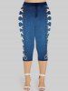 Plus Size 3D Lace-up Jean Print Capri Jeggings -  