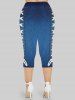 Plus Size 3D Lace-up Jean Print Capri Jeggings -  