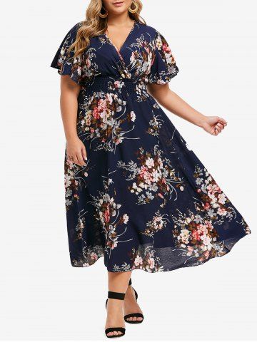 Plus Size Floral High Waisted Flutter Sleeves A Line Surplice Dress - DEEP BLUE - 4XL