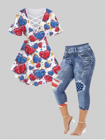 Plus Size Heart Printed Crisscross Short Sleeves Tee and American Flag 3D Printed Skinny Capri Plus Size Jeggings Outfit Bundle - BLUE