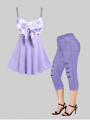 Chains Bowknot Backless Plaid Tank Top and 3D Ripped Jeans Capri Leggings Plus Size Summer Outfit - LIGHT PURPLE