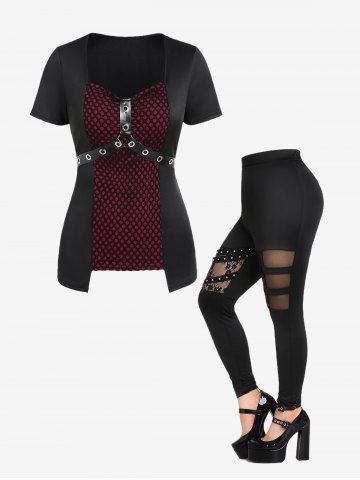 Gothic Fishnet Overlay Grommets PU Leather Straps Top and Lace Panel Mesh Studs Caged Cutout Pants Outfit