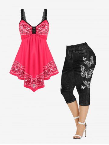 Paisley Print Empire Waist Asymmetric Tank Top and 3D Jeans Butterfly Printed Leggings Plus Size Outfit