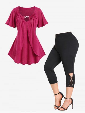Chain Panel Ruched Overlay T-shirt and Capri Braided Leggings Plus Size Outfits - RED