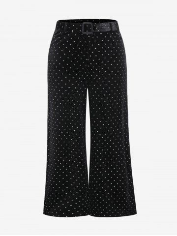 Plus Size Polka Dot Belted Velour Wide Leg Pants