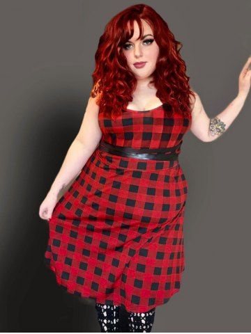 Gothic Plaid Crisscross Backless Buckles Straps A Line Sleeveless Dress - RED - 1X | US 14-16