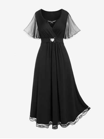 Plus Size Keyhole Lace Frill Mesh Flutter Sleeves A Line Midi Dress - BLACK - L | US 12