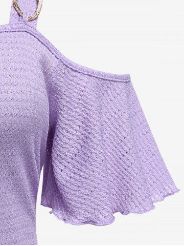 Plus Size Chain Embellish Twist Textured Ruched Cold Shoulder Top