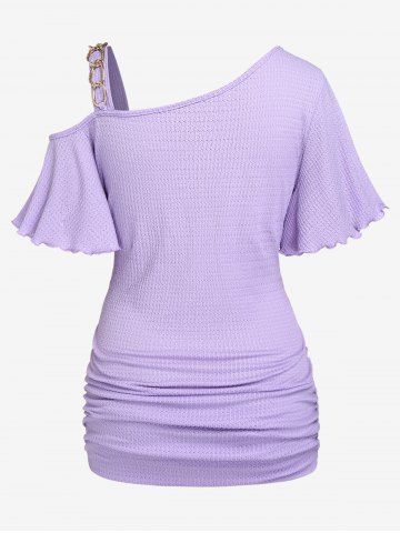 Plus Size Chain Embellish Twist Textured Ruched Cold Shoulder Top