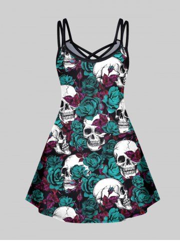 Gothic Rose Skull Print Crisscross Detail Sleeveless A Line Dress