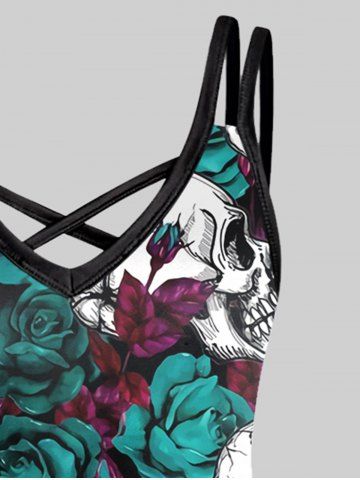Gothic Rose Skull Print Crisscross Detail Sleeveless A Line Dress
