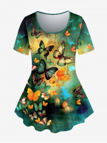 Plus Size Vintage Butterfly Print T-shirt - DEEP GREEN - 5X | US 30-32
